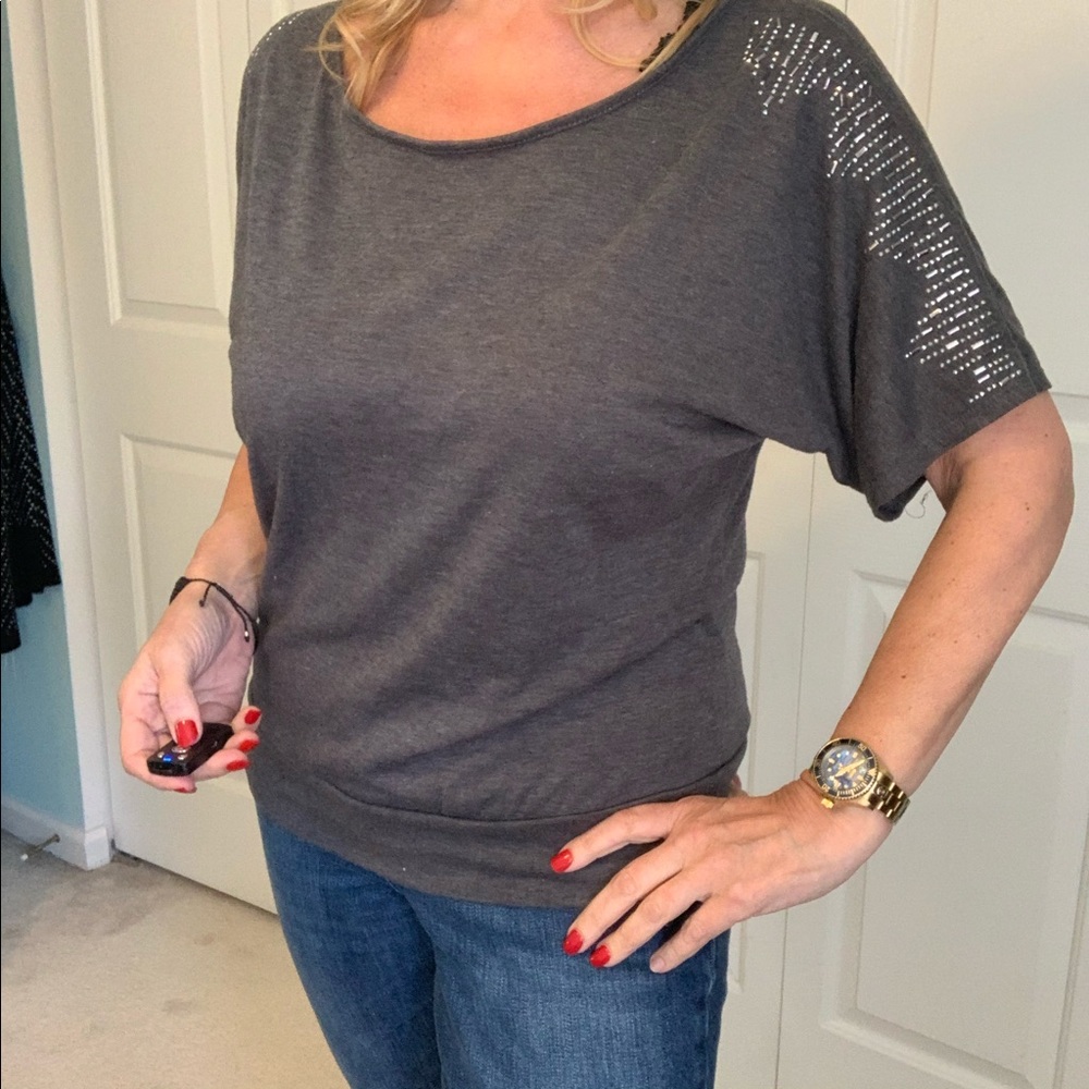 Charcoal gray embellished top large scoop …